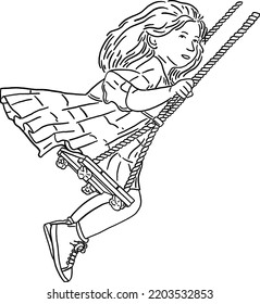 Girl on swing Children playing Hand drawn line art illustration