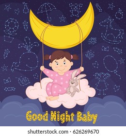 girl on swing from cloud and moon - vector illustration, eps