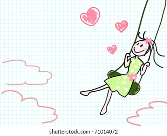 Girl on a swing drawn on notebook sheet