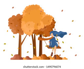 Girl on a swing fall season Vector flat style. Autumn activities lifestyle