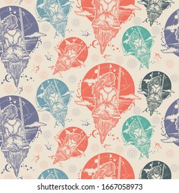Girl on swing flies to sky. Seamless pattern. Packing old paper, scrapbooking style. Vintage background. Medieval manuscript, engraving art. Symbol of dream,love, imagination, adventures 