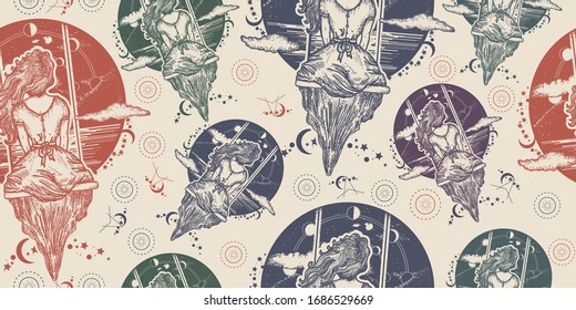 Girl on swing flies to sky. Seamless pattern. Packing old paper, scrapbooking style. Vintage background. Medieval manuscript, engraving art. Symbol of dream,love, imagination, adventures 