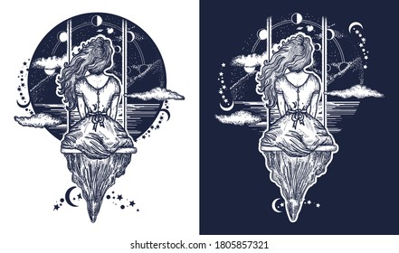 Girl on swing flies to sky tattoo art. Symbol of dream,love, imagination, adventures. Black and white vector graphics 