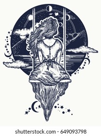 Chica sobre moscas al arte de los tatuajes del cielo. Símbolo de sueño, amor, imaginación, aventuras