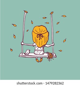 girl on a swing. hand drawn vector illustration. doodle card. 