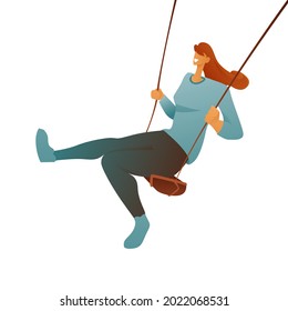 A girl on a swing is happy on a white background. The concept of an active lifestyle. A female character on a swing in nature.
