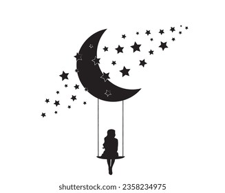 Chica en un columpio en la luna, vector. Silueta de chica sobre la luna con estrellas. Decretos de pared aislados de fondo blanco, diseño artístico, obras de arte. Diseño de arte blanco y negro