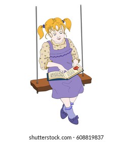 Girl on a swing reading a book colorful vector illustration