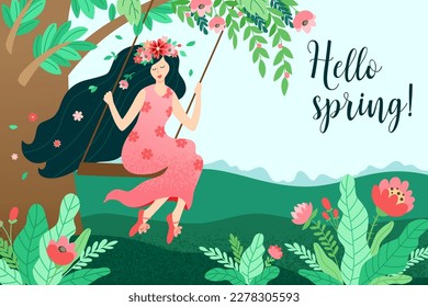 Girl on a swing in spring. Seasonal spring background with green tree and pink flowers. Vector illustration