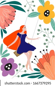 Girl on a swing surrounded by flowers. Scandinavian style design on a white background.
