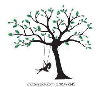 Girl on swing on tree, vector. Girl silhouette on swing on tree, illustartion. Wall decals isolated on white background, artwork, wall art. Girl silhouette on a swing on a tree. 