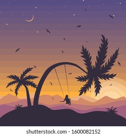 Girl on swing under palm tree at sunset. Print, postcard, travel poster. Vector flat illustration