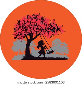 Girl on Swing Under Red Blossomed Tree