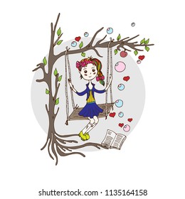 A girl on a swing. A vector, a doodle, a sketch drawn by hand