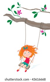 Girl on a swing. Vector illustration of a pretty curly girl swinging.