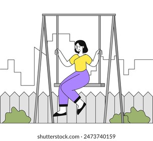 Girl on swing. Woman sits on swing in backyard. Freedom and cheer. Person spend time outdoors, having fun. Positive and optimism. Linear flat vector illustration isolated on white background