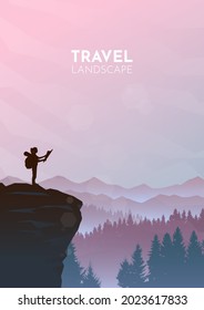 The girl on top of the mountain looks at the map. Hiking. Adventure. Travel concept of discovering, exploring and observing nature. Polygonal minimalist graphic flat design. Vector illustration.