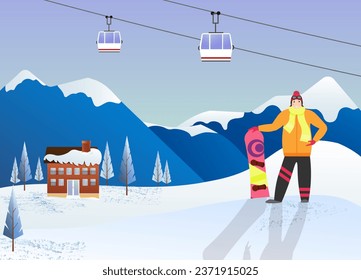 La chica de la cima de la montaña se para con una tabla de nieve. Deportes de invierno. Paisaje con montañas y funicular. Accesorios para las vacaciones de invierno. Ilustración vectorial plana. Para afiches, publicidad