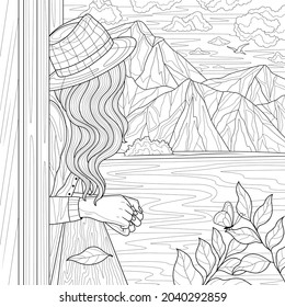 The girl on the train looks at the mountains.Coloring book antistress for children and adults. Illustration isolated on white background.Zen-tangle style. Hand draw