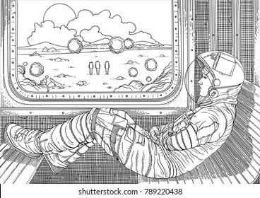 Girl on train. Vector illustration with astronaut traveling by rail on Mars. Martian landscape outside window. Colonization of new planet. Fantastic world of future. Black and white sketch