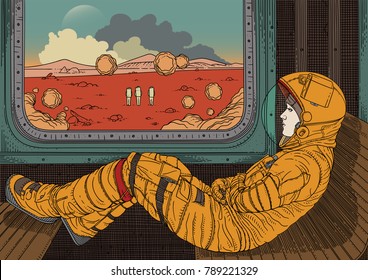 Girl on train. Vector illustration with astronaut traveling by rail on Mars. Martian landscape outside window. Colonization of red planet. Fantastic world of future