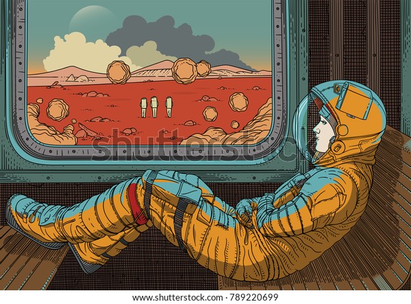 電車の女の子 火星の鉄道で旅行する宇宙飛行士と一緒のベクターイラスト 窓の外に火星の風景 赤い惑星の定着 幻想的な未来の世界 のベクター画像素材 ロイヤリティフリー