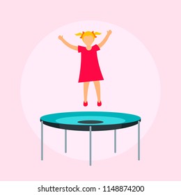 Girl on trampoline background. Flat illustration of girl on trampoline vector background for web design