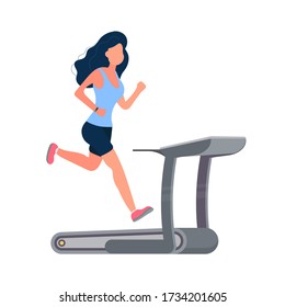 Girl on the treadmill. A woman in shorts and a T-shirt is running on a simulator. Isolated. Vector.