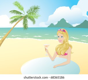 girl on a tropical beach drinking. Palm tree, ocean and blue cloudy sky at the background