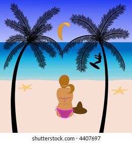 Girl on tropical beach looking at kite surfing boyfriend