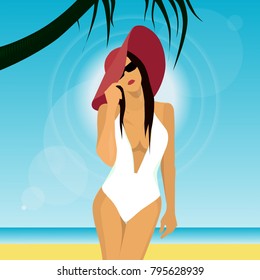 Girl on tropical beach vector illustration. Summer seascape. Woman sunbathing on the beach. Beautiful girl with red hat. Portrait of young pretty woman in bikini.