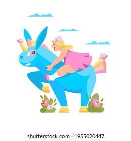 a girl on a unicorn. vector illustration of a child sitting on a blue mythical horse