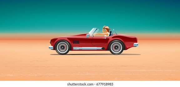 A girl on vacation. A girl in a convertible, rushing to rest. The beginning of summer. Summer in full swing. Tourist trip by car. Sports car driving through the flat desert. Vector illustration EPS 10