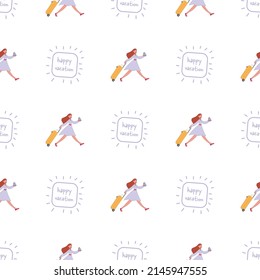 Girl on vacation seamless pattern. Happy Holidays