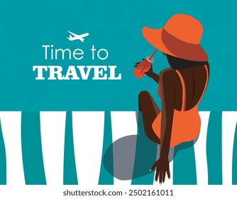 The girl is on vacation. Woman in a hat and swimsuit on the beach or in the pool. Template with place for text travel time, tourism concept. Illustration on the theme of summer, seasonal holiday