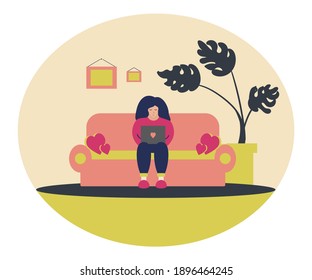 The girl on Valentine's Day sits at home at the computer. The room has a cozy romantic atmosphere. Stay home and protect your family. Vector illustration, can be used as postcard, banner, background.