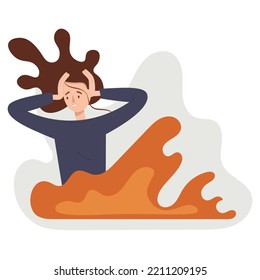 A girl on the verge of a nervous breakdown in a burning fire. Frightened look, long hair on end. Difficult life situation. Unhappy woman in panic and fear. Vector isolated flat. Psychology concept