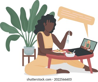 Girl on virtual dinner with friend semi flat color vector character. Full body person on white. Online hangout isolated modern cartoon style illustration for graphic design and animation