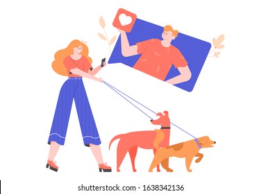 A girl on a walk with dogs uses a mobile online dating application to find a partner. Likes and social networks. Concept flat vector illustration with bright characters.