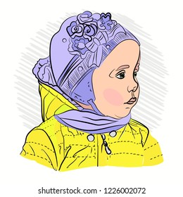 the girl on the walk is small in a beautiful hat looking to the side. Vector illustration on white isolated background. sketching style