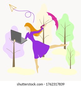 Girl on a walk with an umbrella, working on a laptop, self-isolation mode for coronavirus, vector graphics isolated on a white background
