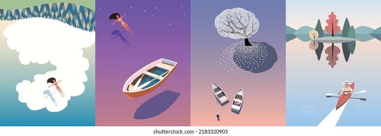 Girl on water. Boats on lake. Man sailing on kayak. Summer landscape