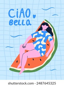 Girl on watermelon swimming mattress in the pool. Summer cartoon illustration for poster, card, background, discount flyer. 