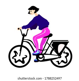
girl on a white background in a tracksuit rides a bicycle, travel trip, sportswoman