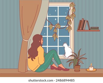 Girl on windowsill with cat. Lazy weekend woman, relaxing in cozy room interior, female person looks at stars in night sky, owner with kitten, pet at home, cartoon flat isolated vector concept