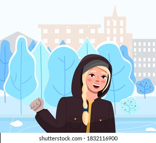 Girl on winter city street landscape. Cute woman vector illustration in flat style walk in winter time. Female character wearing in warm black jacket with a hood on her head, smiling waving hand