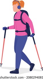 Girl on winter hike semi flat color vector character. Posing figure. Full body person on white. Outdoor recreation isolated modern cartoon style illustration for graphic design and animation