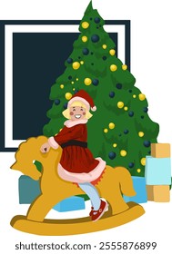 Girl on a wooden horse against the background of a Christmas tree with gifts. Vector illustration.