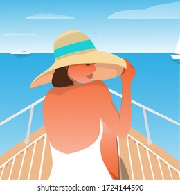 girl on a yacht. A smiling woman in a hat sits on the deck of a ship that is sailing on the sea. stock vector illustration.