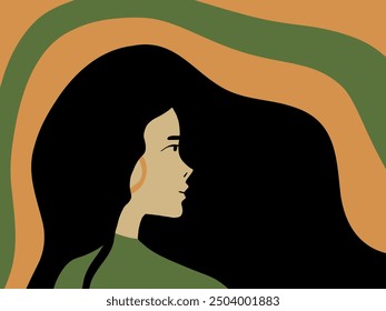 Girl on a yellow-green background. Brunette in a green sweater. Vector illustration